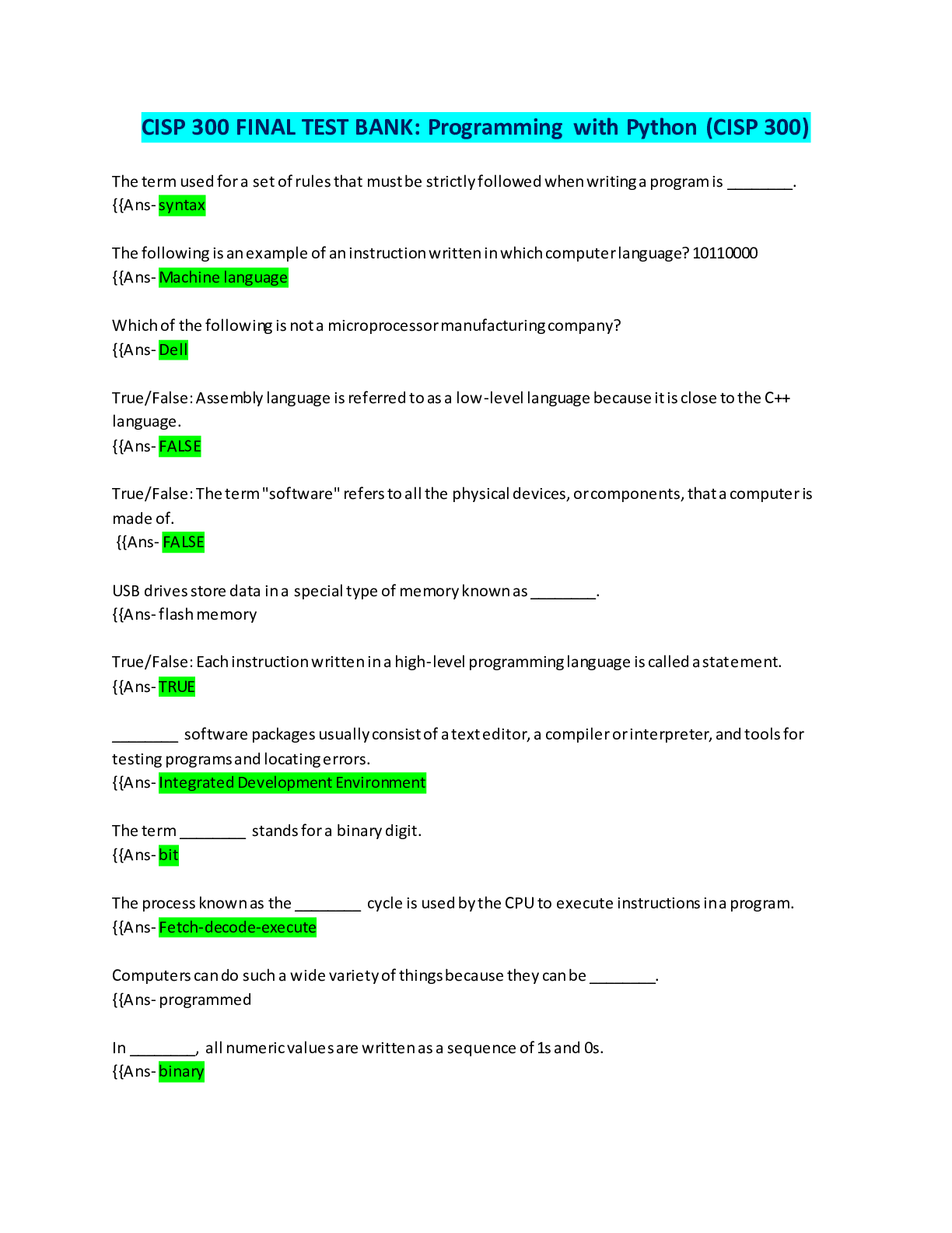Preview image for CISP 300 FINAL TEST BANK: Programming with Python (CISP 300) Correctly Answered